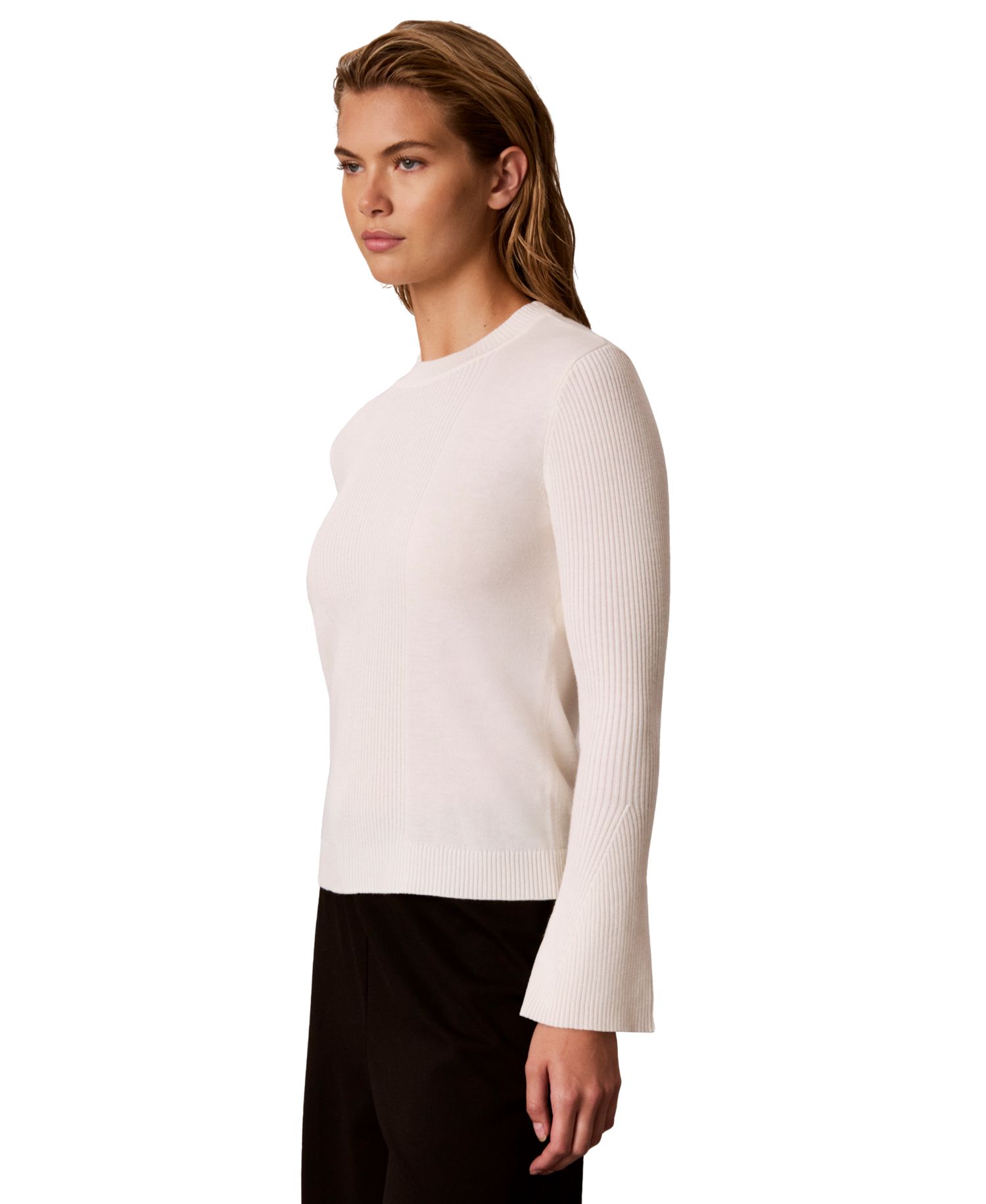 Petite Ribbed Sculpted-Sleeve Crewneck Sweater