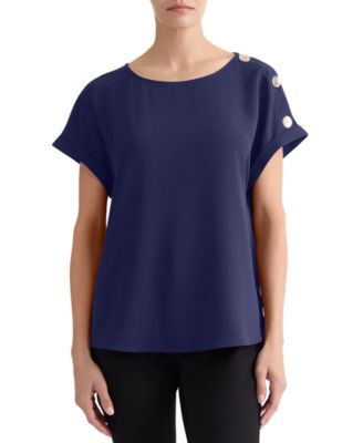 Women's Shoulder-Button-Detail Boat-Neck Short-Sleeve Blouse