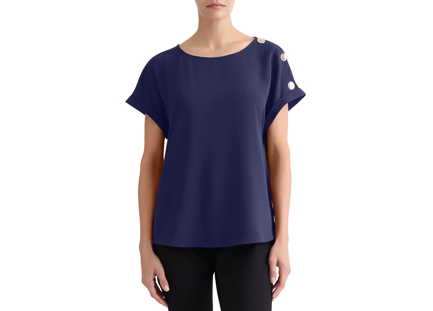 Petite Shoulder-Button-Detail Boat-Neck Short-Sleeve Blouse