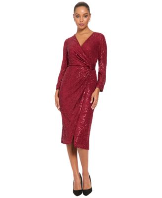 Petite Side Twist Long-Sleeve Sequin Midi Dress