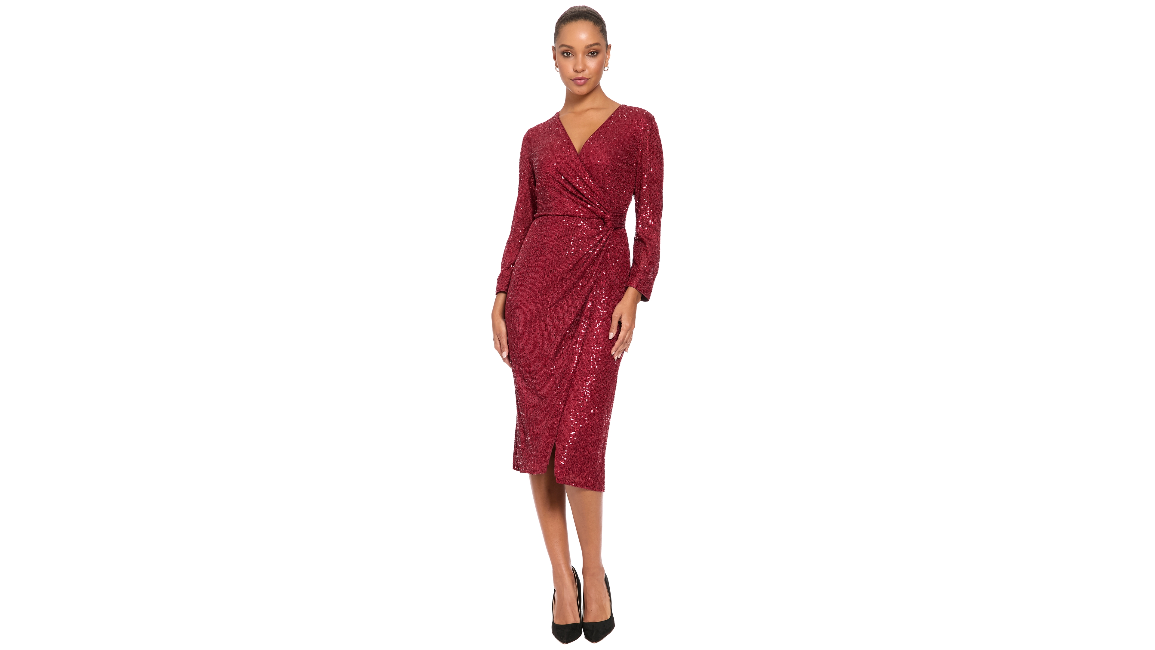 London Times Petite Side Twist Long-Sleeve Sequin Midi Dress