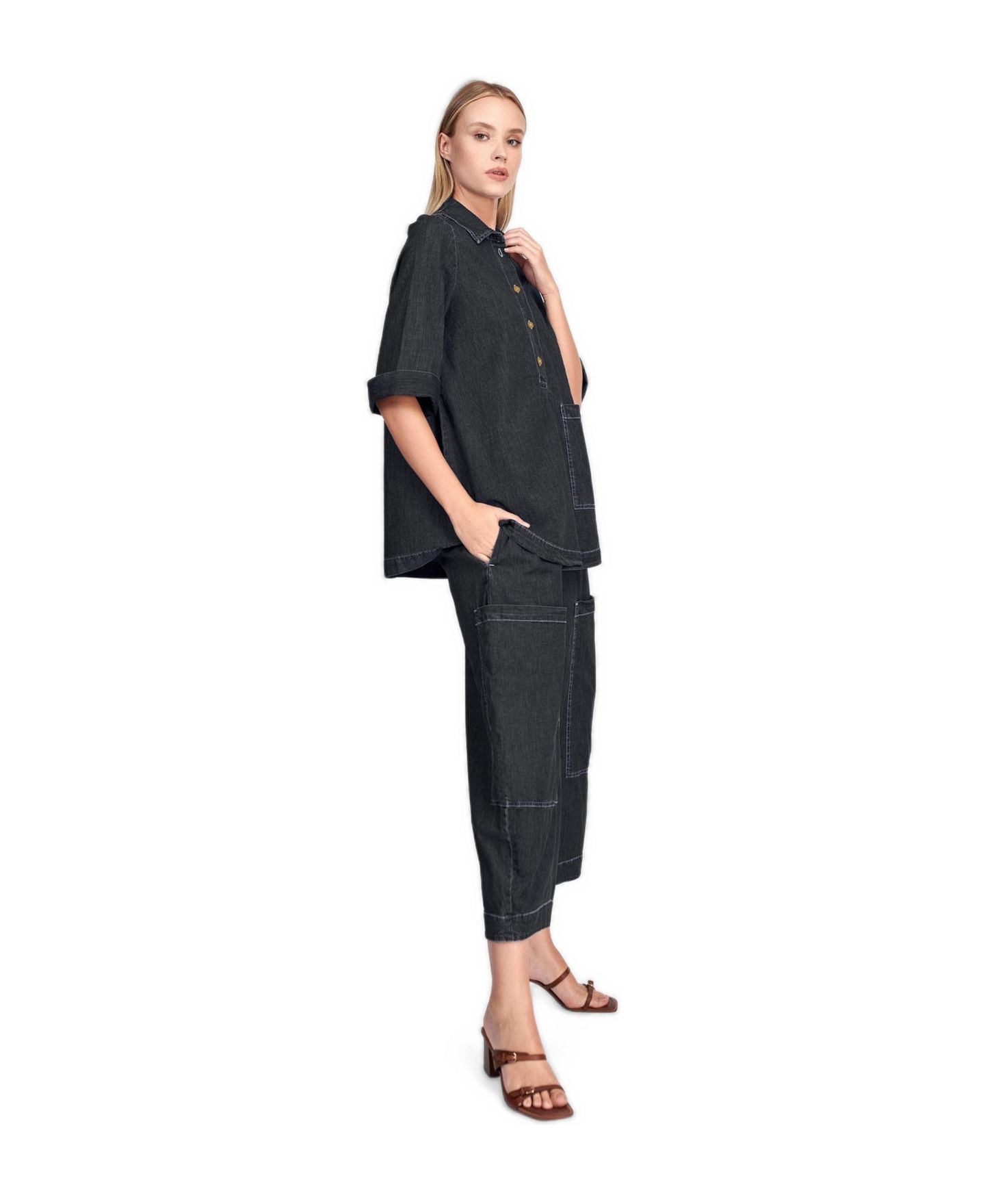 Женская рубашка Alembika Myles 3/4-Length A-Line Denim Popover, цвет: Угольный джинсовый — фото 3