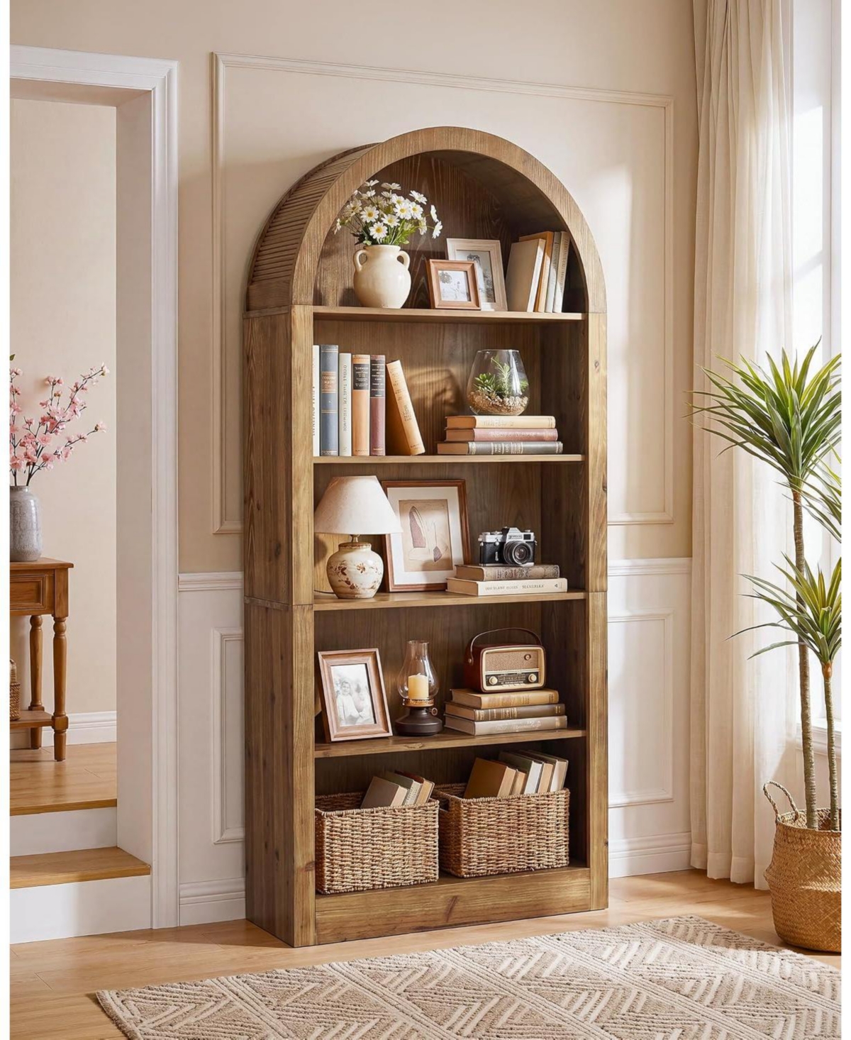 Tribesigns Solid Wood 5-Tier Bookshelf, 70.86" Tall Arched Bookcase - Brown