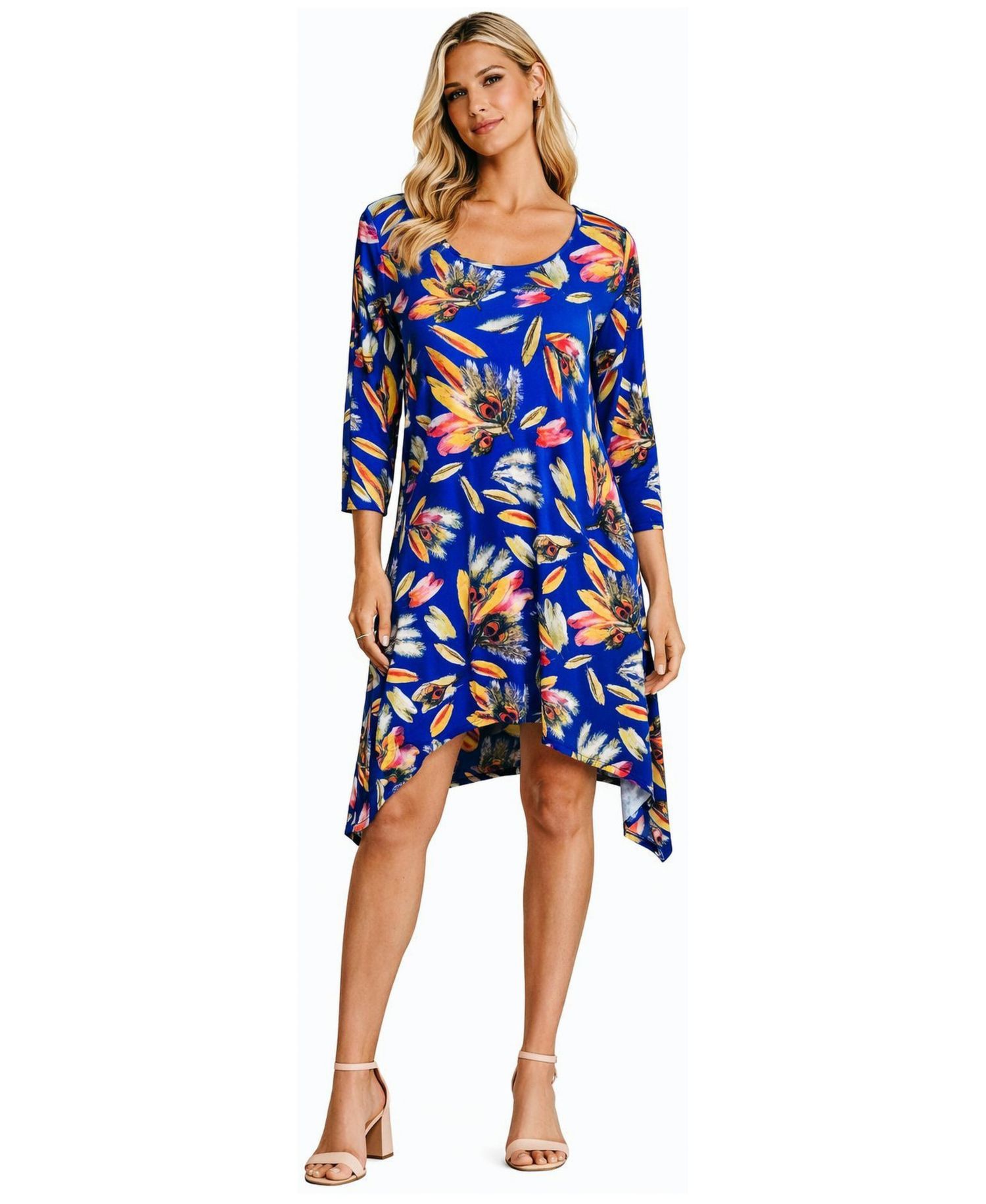 Women's Shark-Bite Asymmetrical Tropical Print Knit Resort Dress