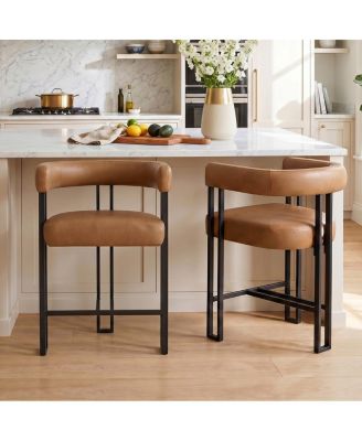 Kitchen Island Counter Stools Set of 2 with Arms, Faux Leather Upholstery, Metal Legs with Footrest, 25" Seat Height