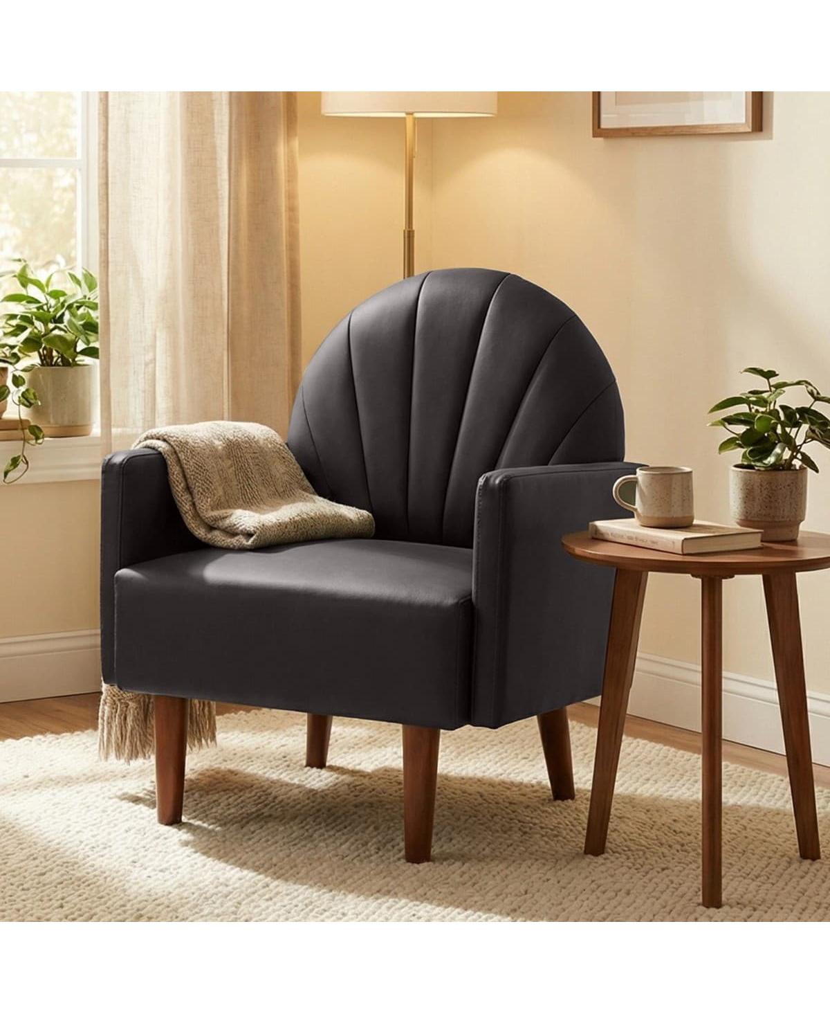 Maison Boucle Shell-Shaped Accent Chair, Pu Leather Upholstery, 3D Wraparound Backrest, Solid Wood Legs, Living Room Armchair