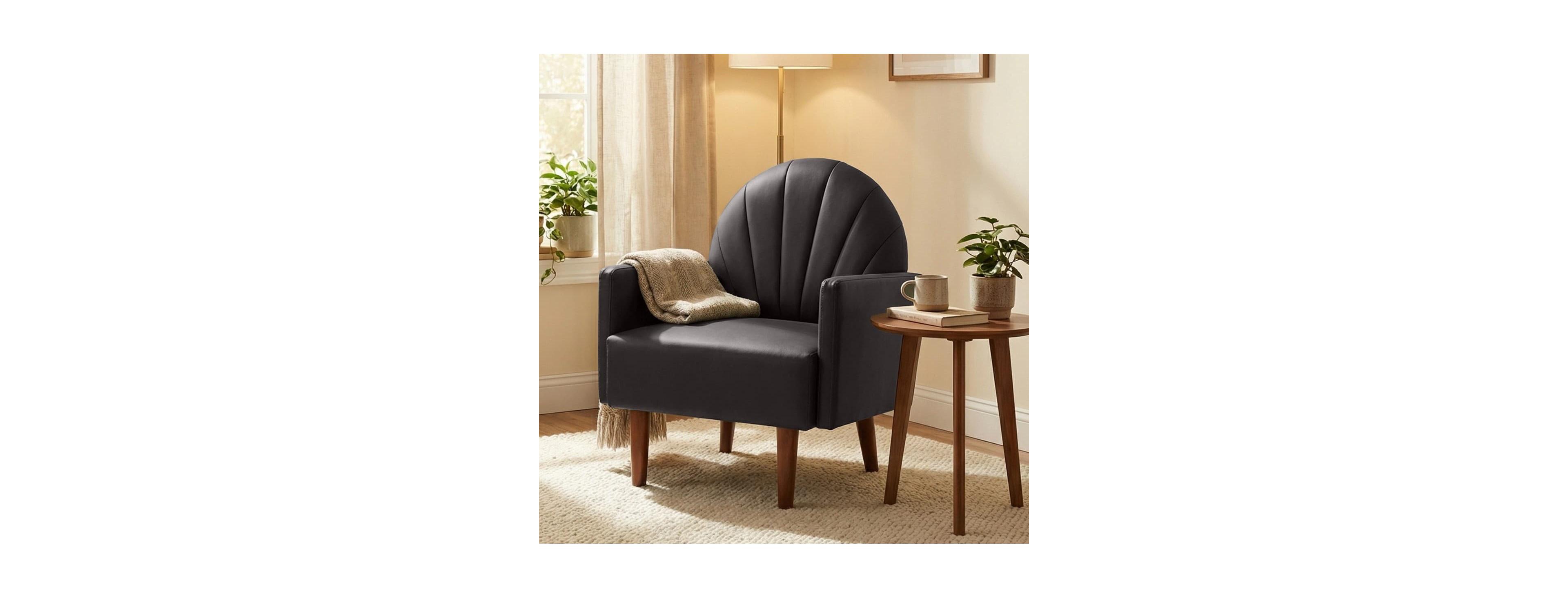 Maison Boucle Shell-Shaped Accent Chair, Pu Leather Upholstery, 3D Wraparound Backrest, Solid Wood Legs, Living Room Armchair