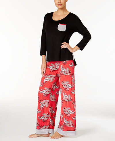 Ellen Tracy Contrast-Trimmed Top & Pajama Pants Sleep Separates