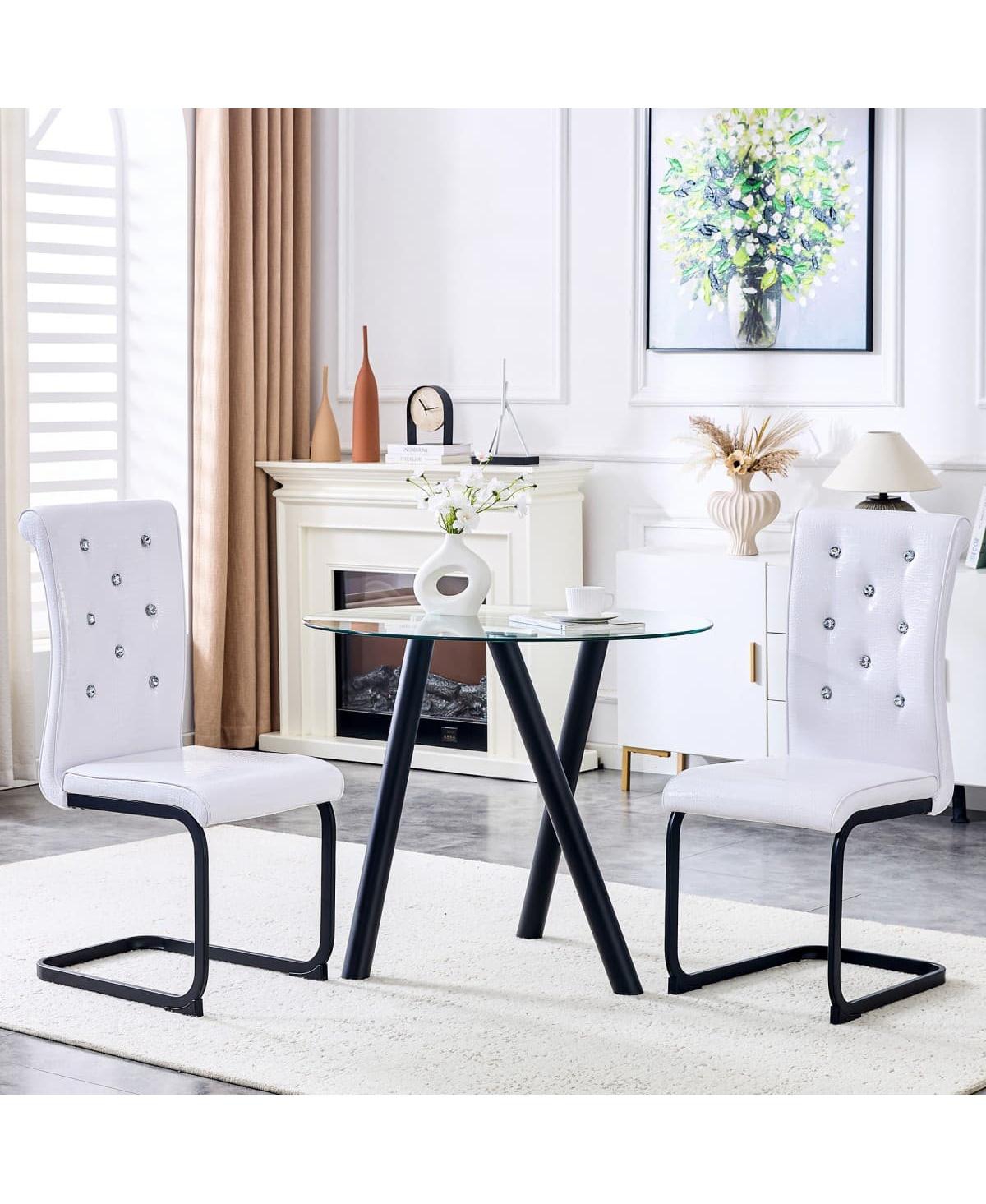 Maison Boucle Retro Dining Chairs Set of 2, Faux Leather Upholstery, Crystal Button Accent, Metal Sled Base for Kitchen - White
