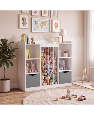 Kids Stuffed Animal Storage Organizer with Book Shelf & Elastic Cord Toy Holder - Multi-Functional Playroom Cabinet with Anti-Tip Safety