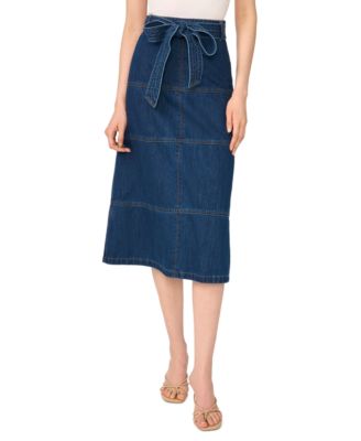 Women's Tie-Waist High-Waisted A-Line Midi Denim Skirt