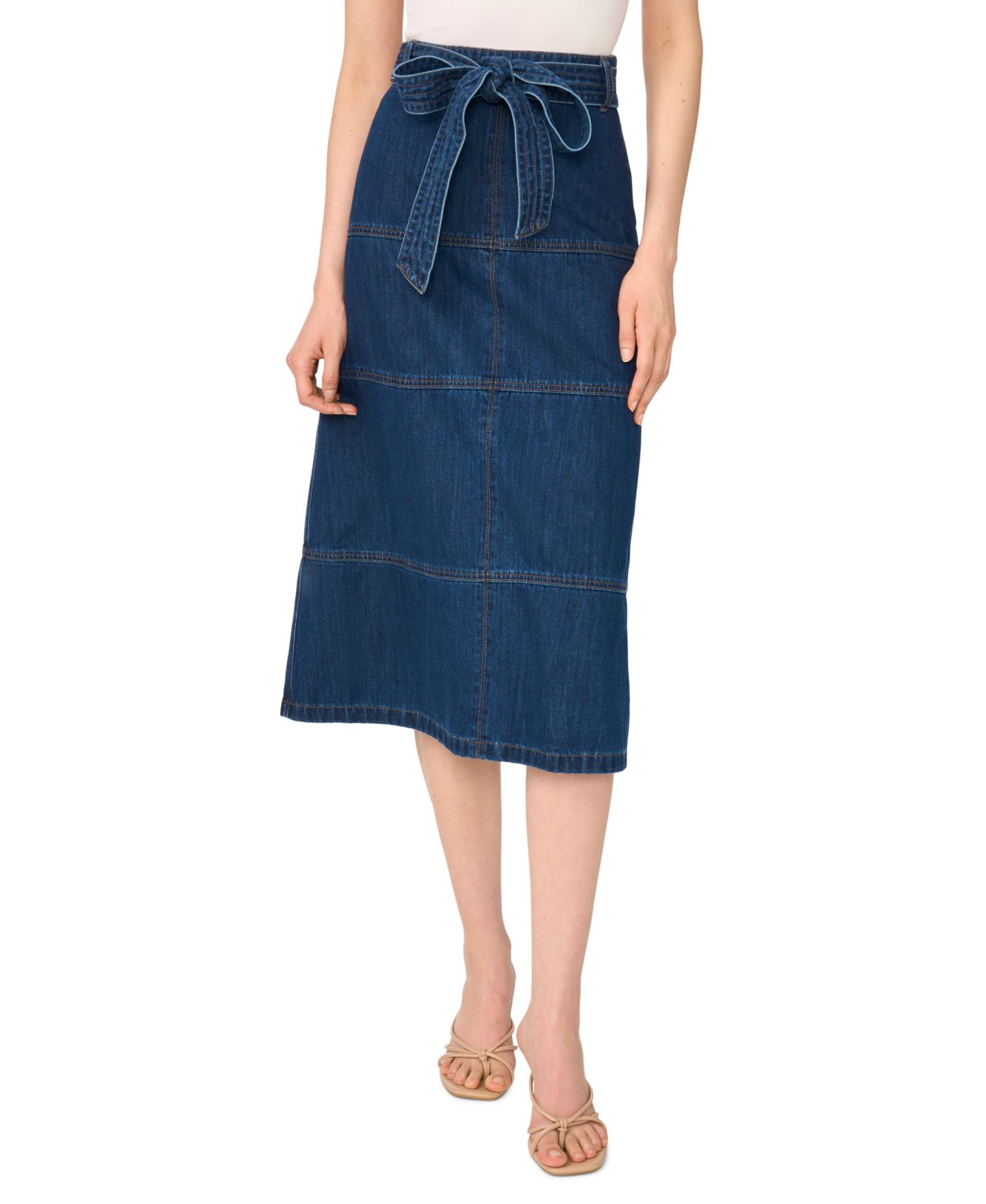 Женская юбка CeCe Tie-Waist High-Waisted A-Line Midi Denim Skirt, цвет: Индиго — фото 1