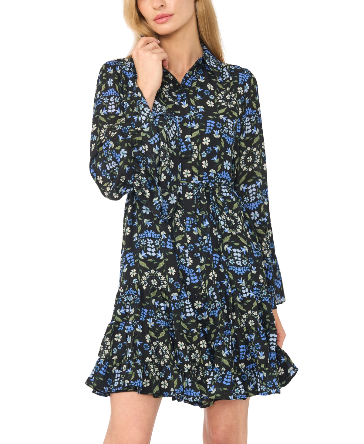 CeCe Women's Tiered Flounce Long-Sleeve Shirtdress