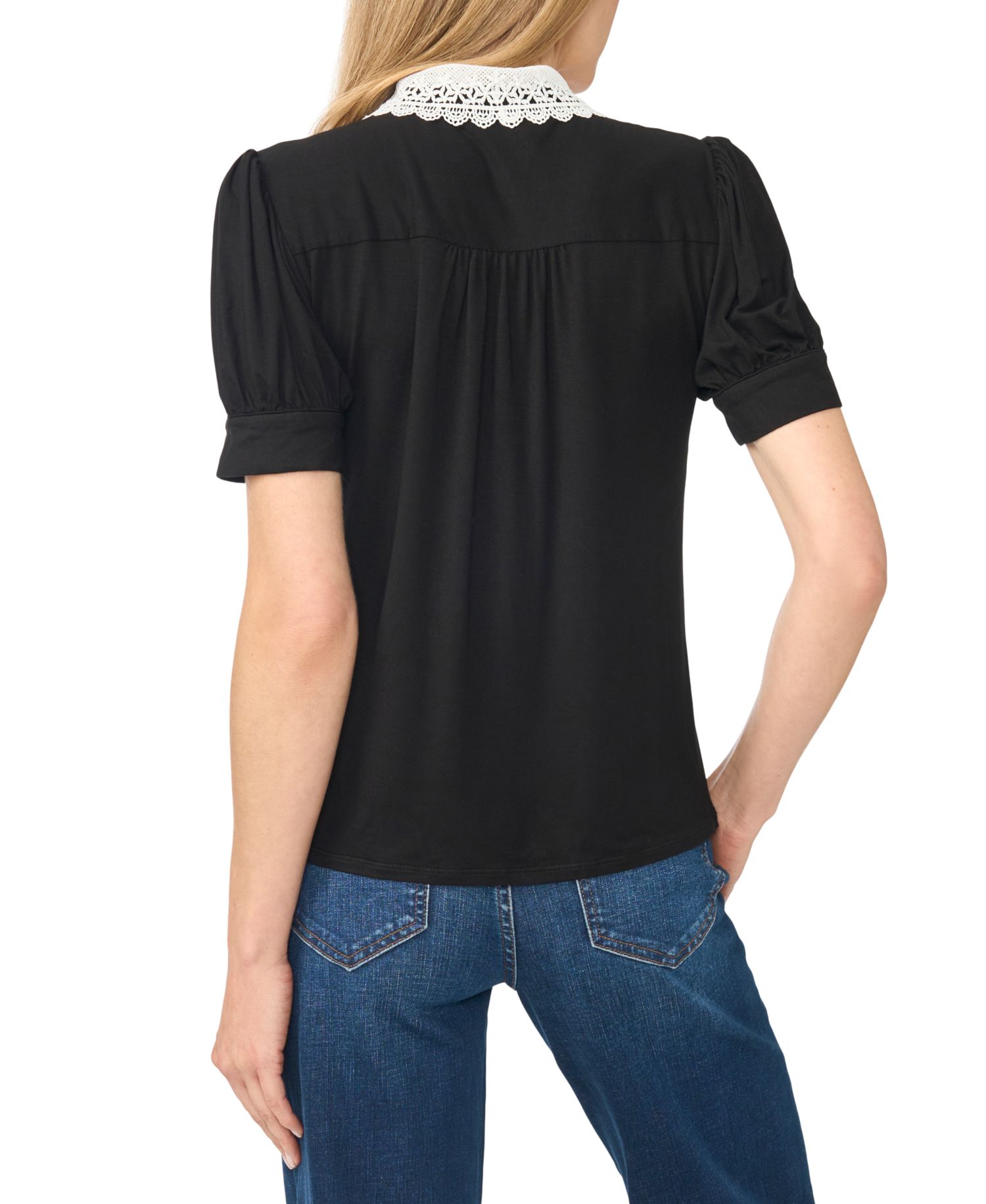 Women's Short Puff-Sleeve Scallop-Trim Button-Up Blouse