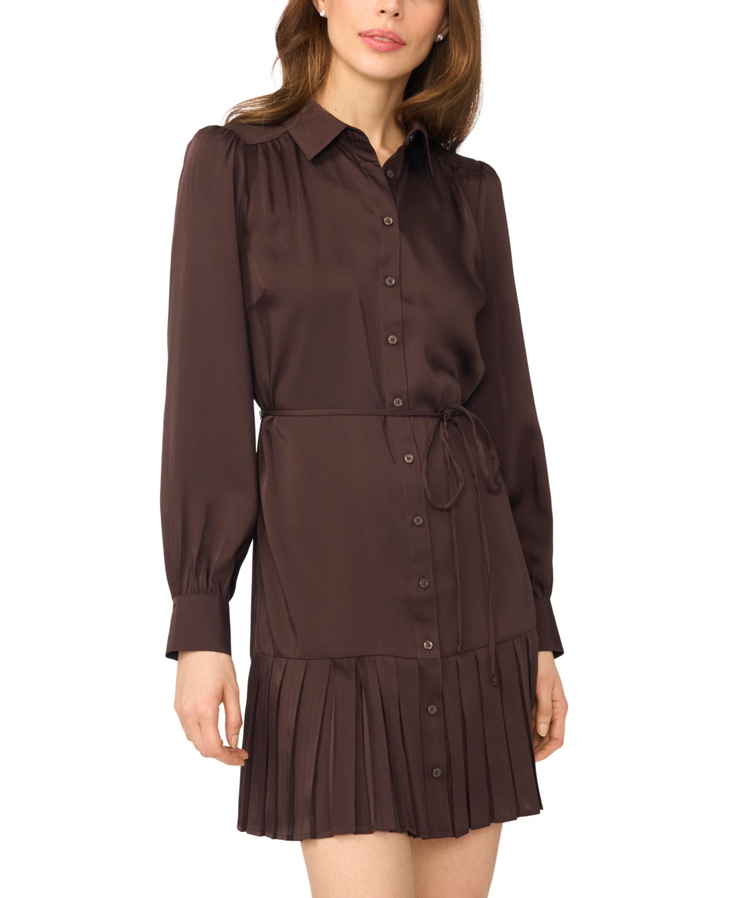 Women's Long-Sleeve Button-Down Pleated Mini Dress