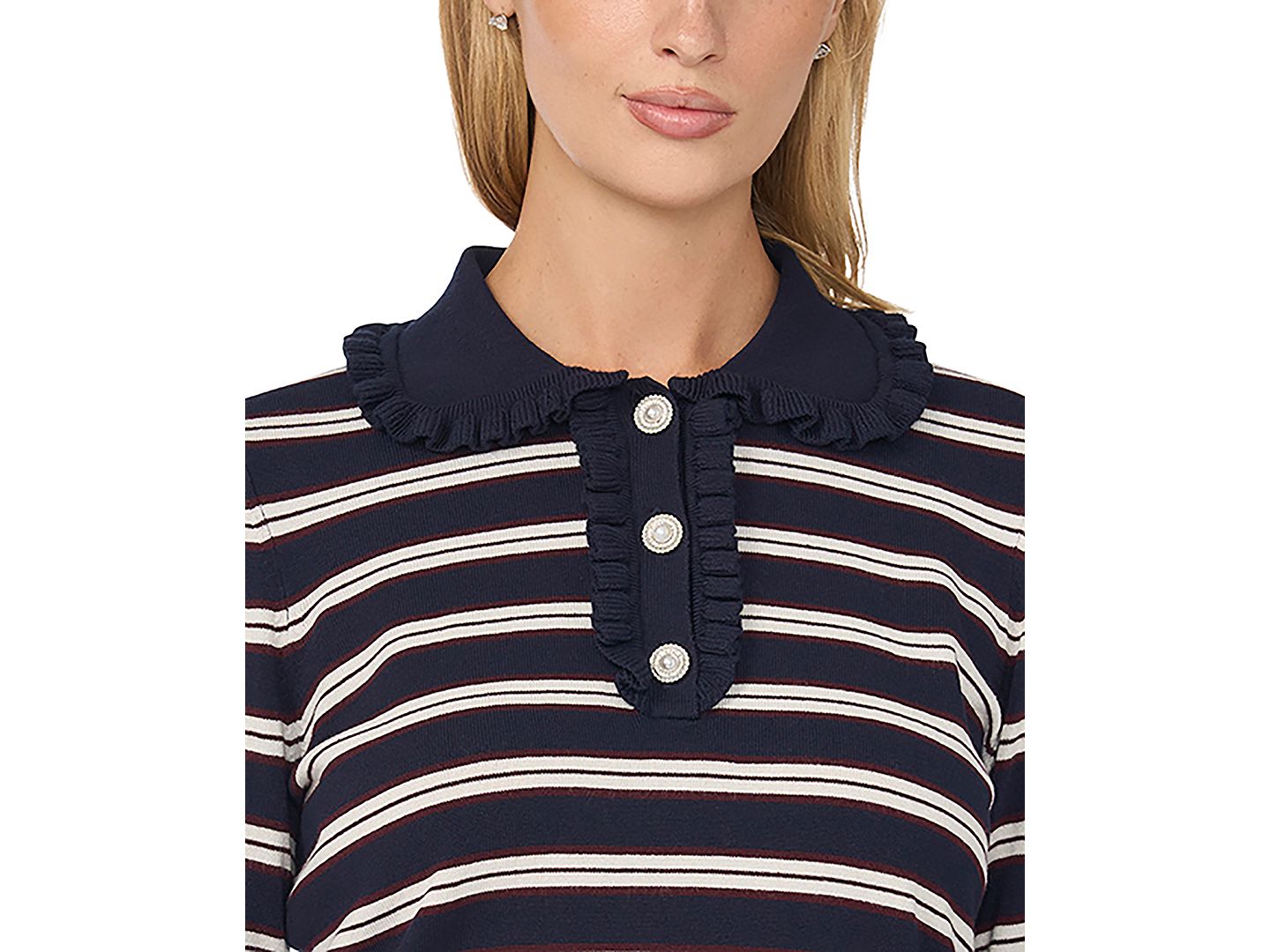 Женский свитер CeCe Ruffle-Collar Striped, цвет: Тёмно-синий ягодный — фото 2