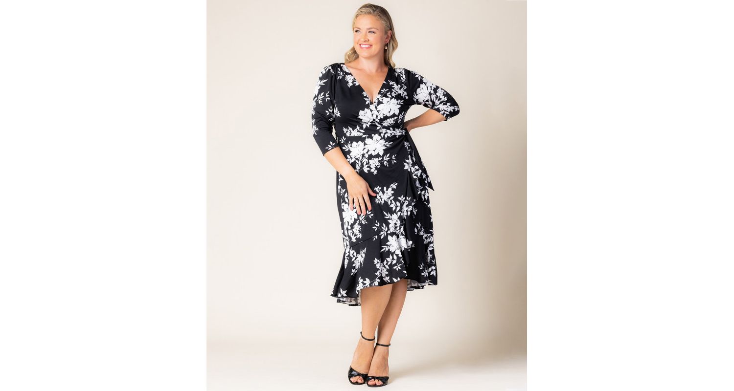 Plus Size Flirty Flounce Midi Wrap Dress with 3/4 Sleeves