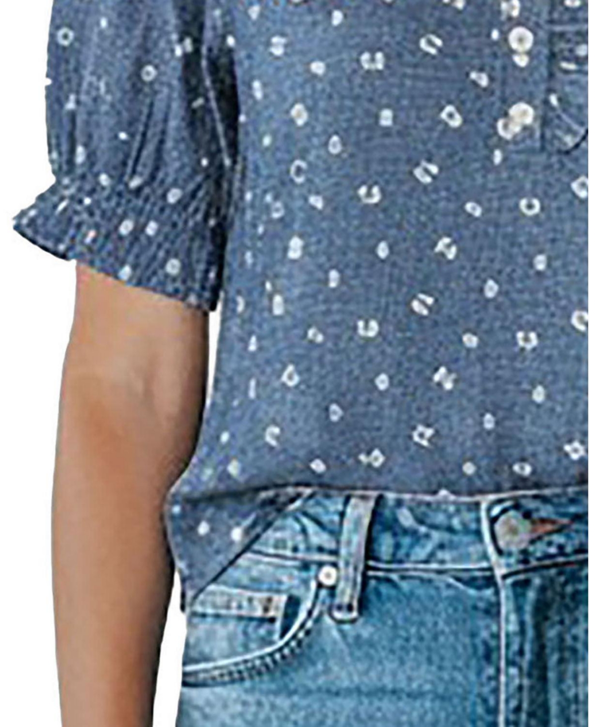 Hope & Henry Women's Chambray Puff-Sleeve Floral-Print Blouse