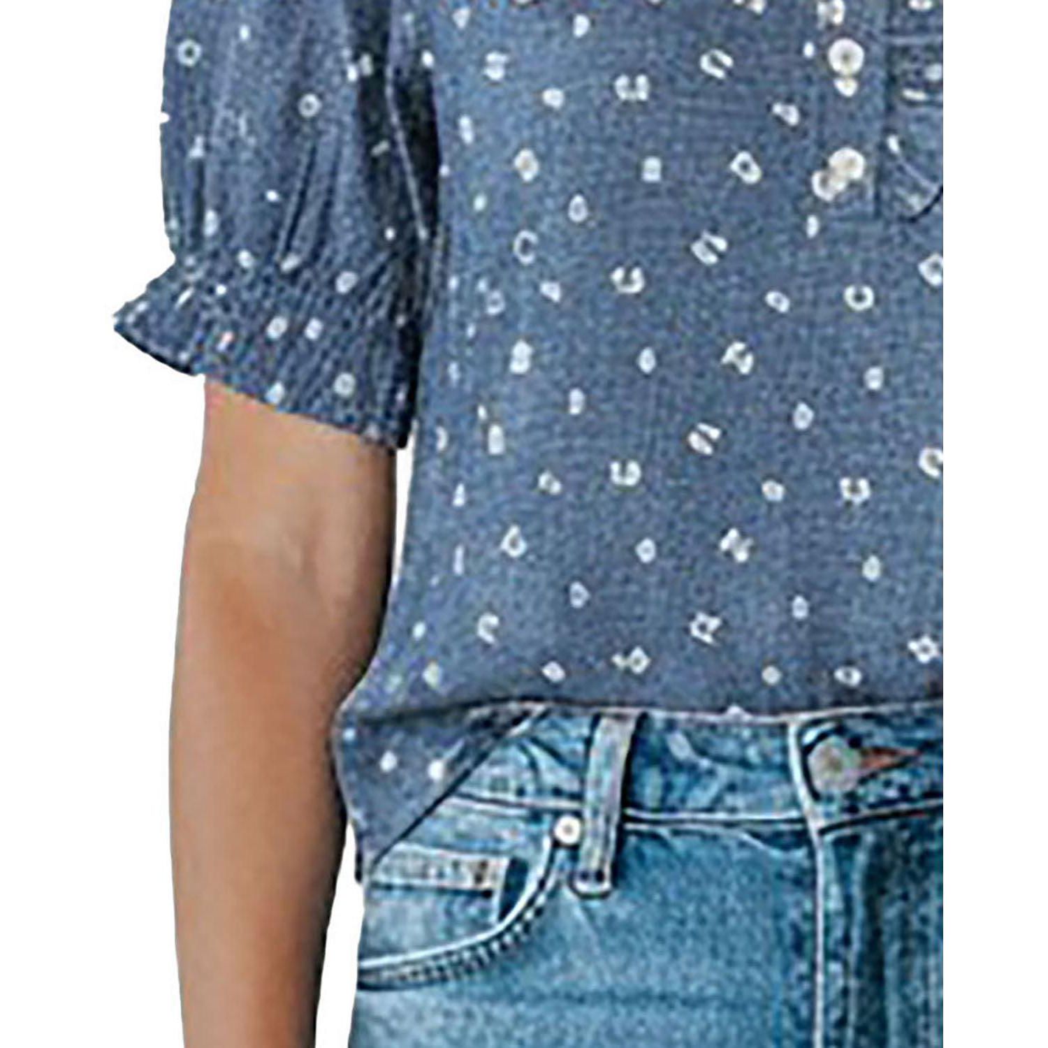 Women's Chambray Puff-Sleeve Floral-Print Blouse