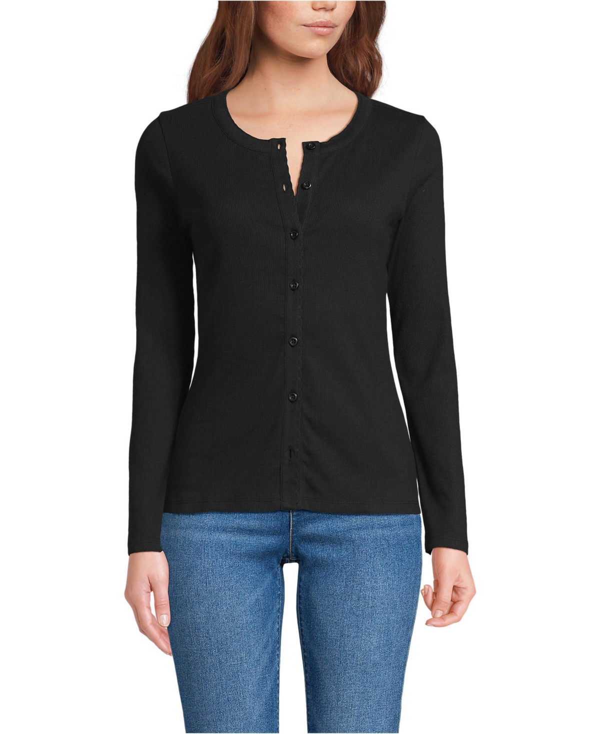 Lands' End Petite Long Sleeve Micro Rib Button Through Cardigan