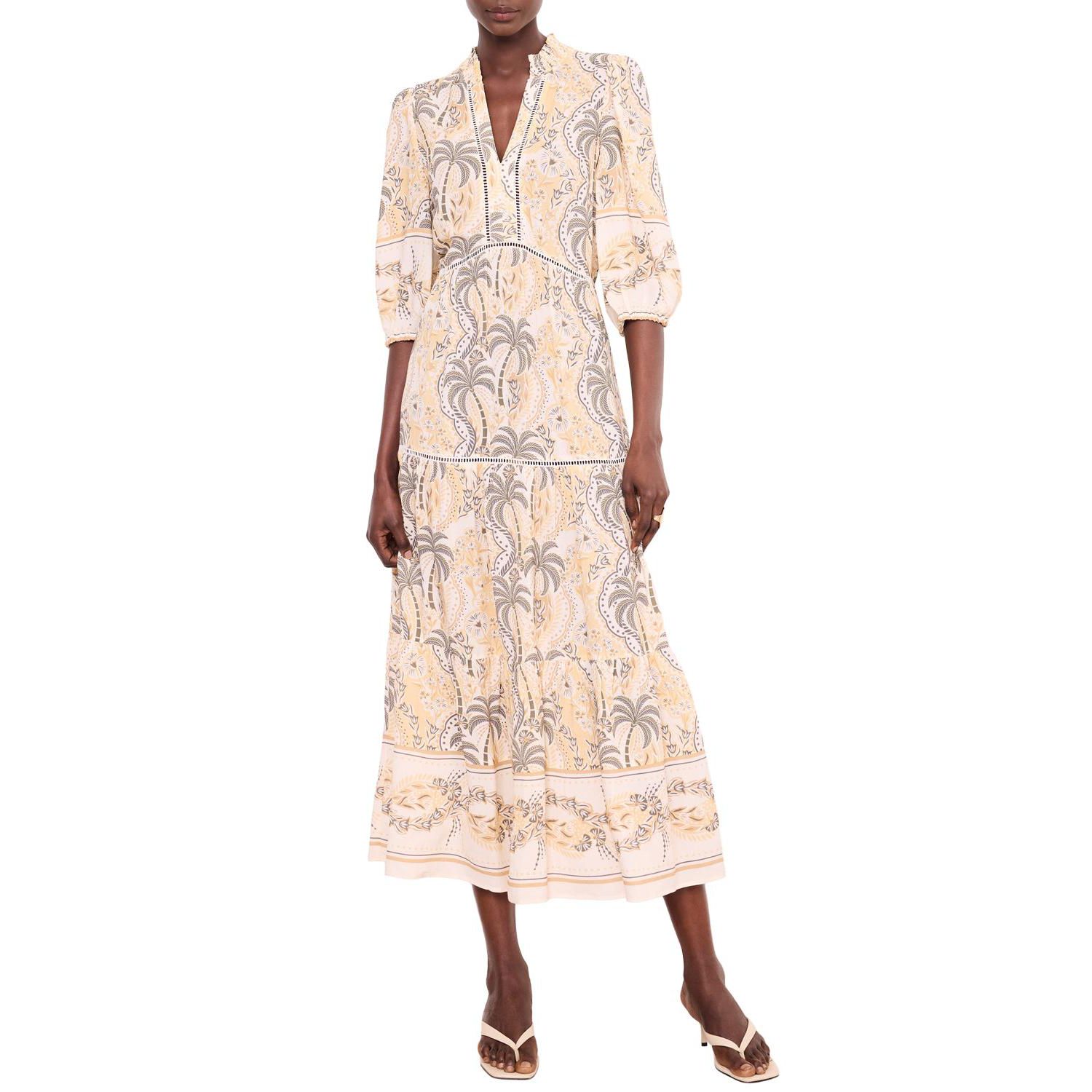 Women's Palm-Print V-Neck 3/4-Sleeve Maxi Dress