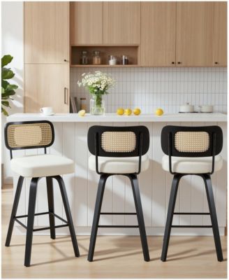 29" Mid-Century Swivel Bar Height Bar Stools, Rattan Back and Faux Leather Kitchen Stools