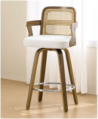 26" Mid-Century Swivel Counter Height Bar Stools, Rattan Back and Faux Leather Kitchen Stools
