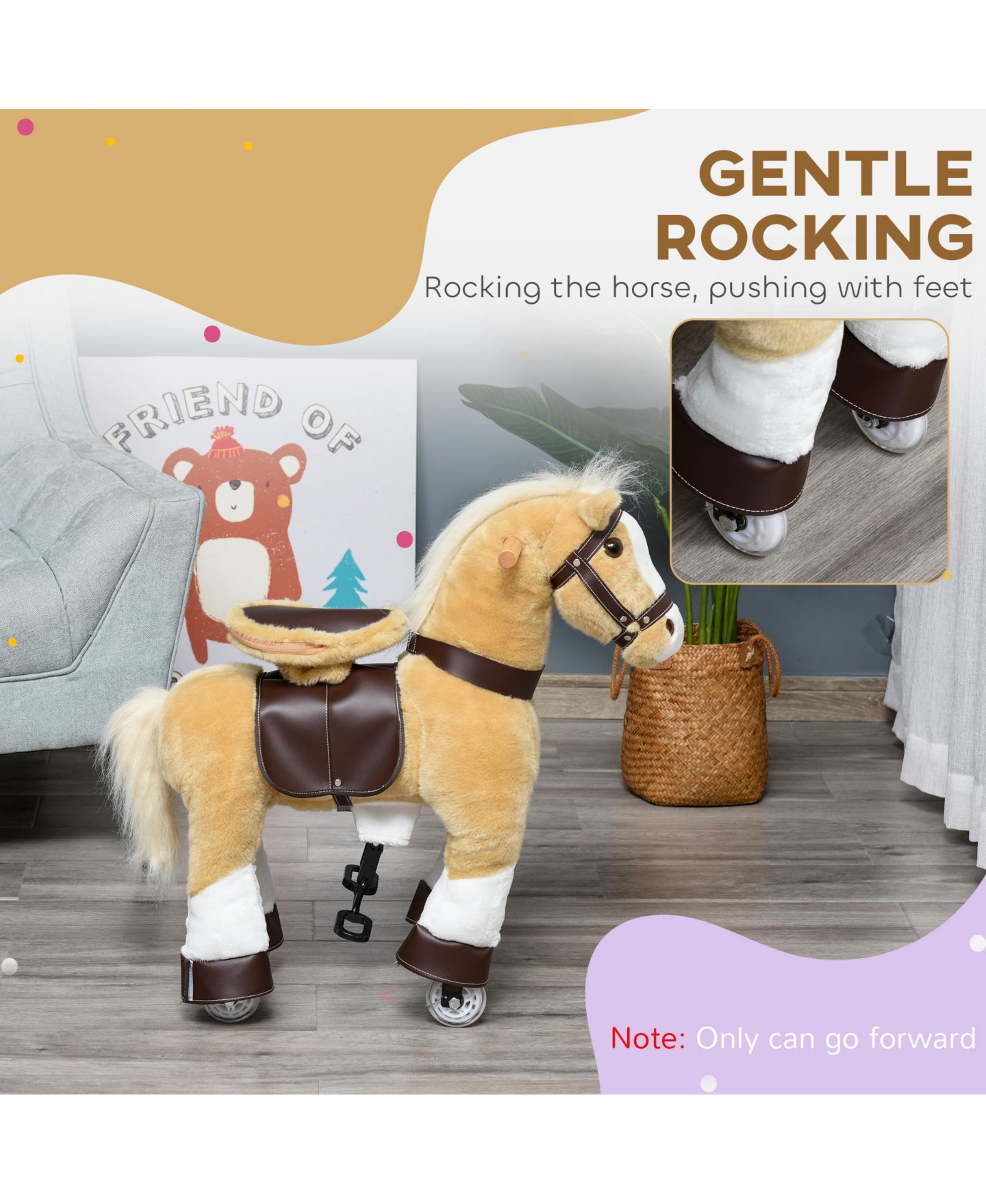 Детская мягкая игрушка Glintex Ride On Walking Horse Plush Toy with Pedal Drive and Steering Handlebars, Holds 130 lbs, Ages 3-8, цвет: Светлый коричневый — фото 3