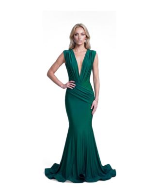 Women's Ruched Plunge Pleated Sleeveless Mermaid Gown