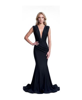 Women's Ruched Plunge Pleated Sleeveless Mermaid Gown