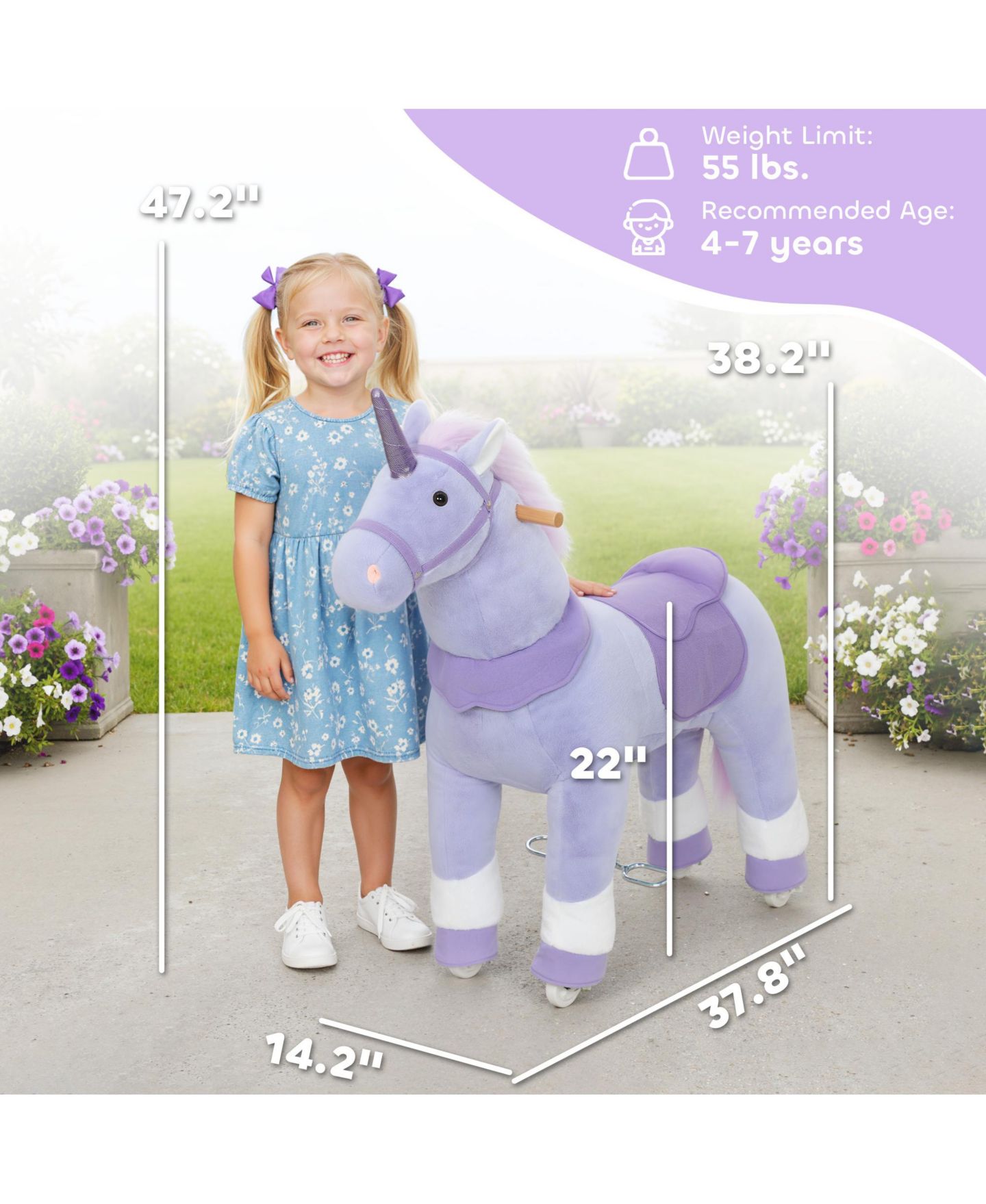 Детская мягкая игрушка Glintex Ride On Unicorn Toy for Kids 4-7, 37.8 in Plush Rocking Horse with Wheels and Pedal Drive, No Batteries Required, цвет: Фиолетовый — фото 4