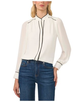 Women's Long-Sleeve Open-Collar Blouse with Contrast Piping
