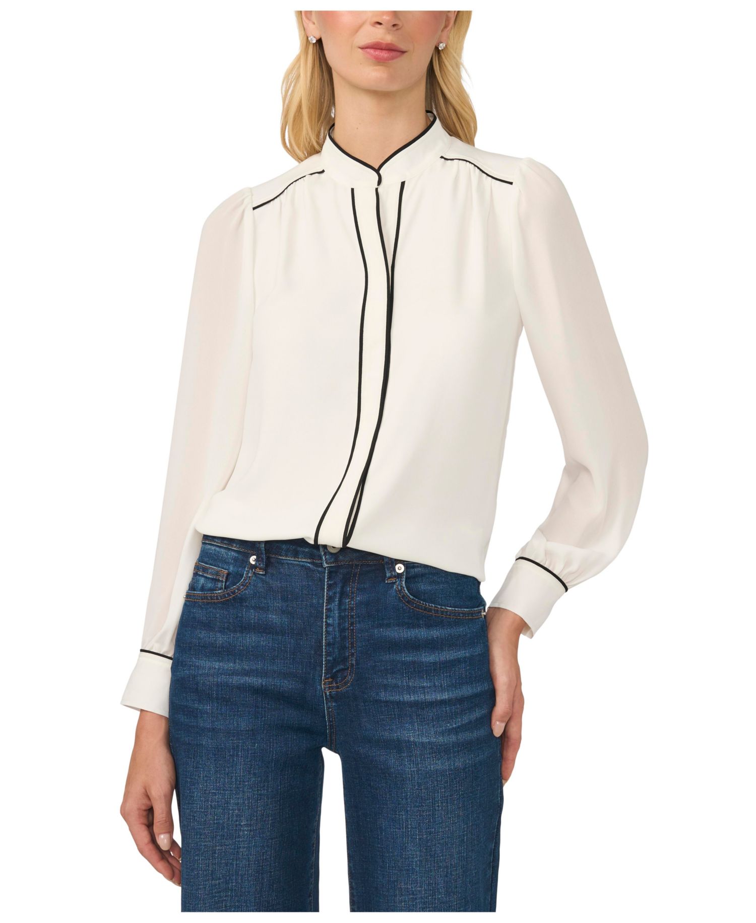 Women's Long-Sleeve Open-Collar Blouse with Contrast Piping