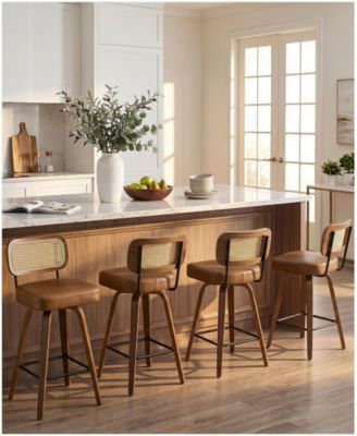 29" Mid-Century Swivel Bar Height Bar Stools, Rattan Back and Faux Leather Kitchen Stools