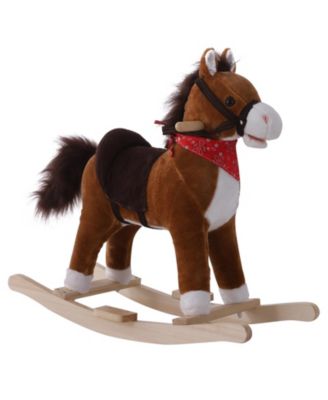 Kids Rocking Horse with realistic sounds, red scarf, plush pony design, saddle and footrest, for ages 3+, supports up to 88 lbs