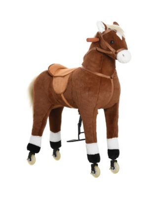 Ride-On Walking Horse with pedal drive, rolling wheels, steering handlebars, plush pony design, for kids 5-16, supports 130 lbs, Brown.