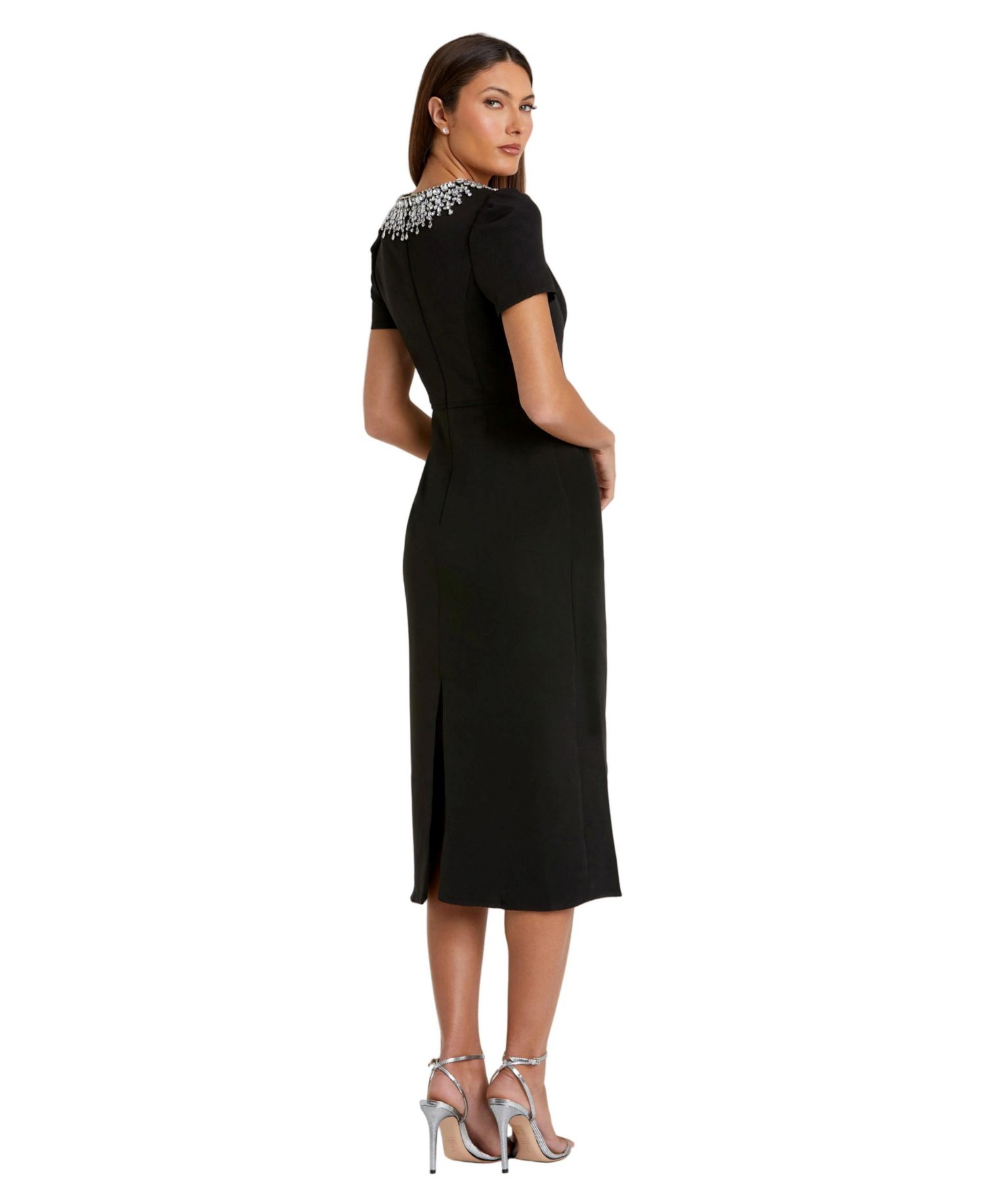 Petite Rhinestone-Embellished Midi High-Neckline Dress