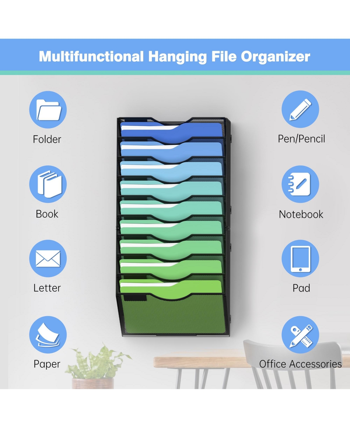 Four Candies Wall File Organizer 5 Vertical Pockets Metal Mounted Holder