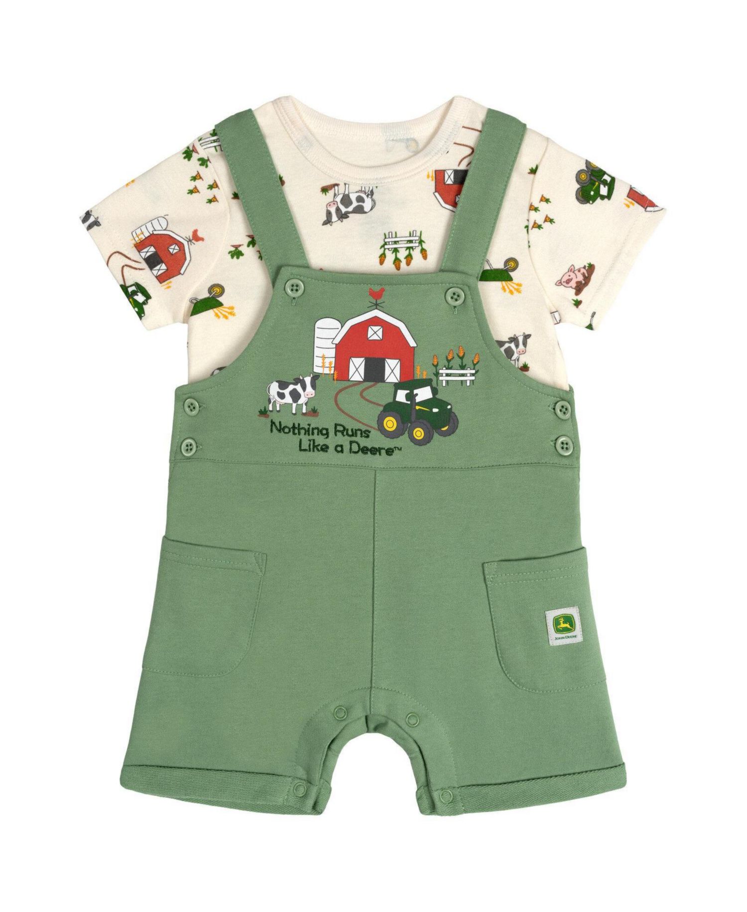 Baby Boys' Allover Farm-Print Cotton-Blend T-Shirt and Shortalls, 2-Piece Set