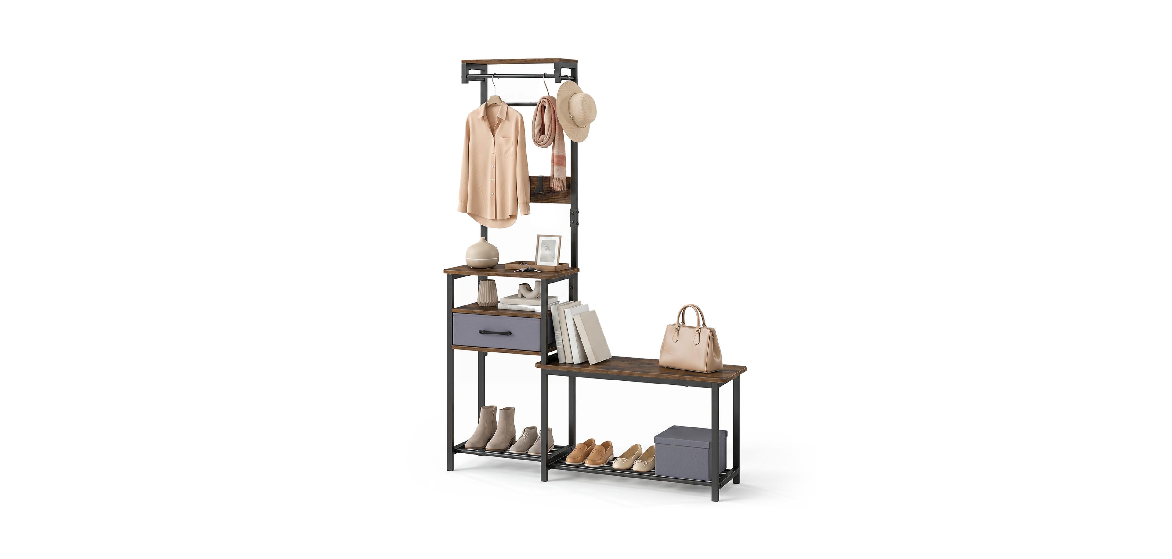 Mecale 7 in 1 Hall Tree with Shoe Bench and Hooks and Removable Drawer for Entryway Rustic