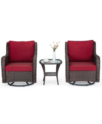 3-Piece Outdoor Wicker Swivel Rocking Chair Set with Cushions and Tempered Glass Side Table, 360degree(s) Patio Furniture for Porch, Deck or Balcony