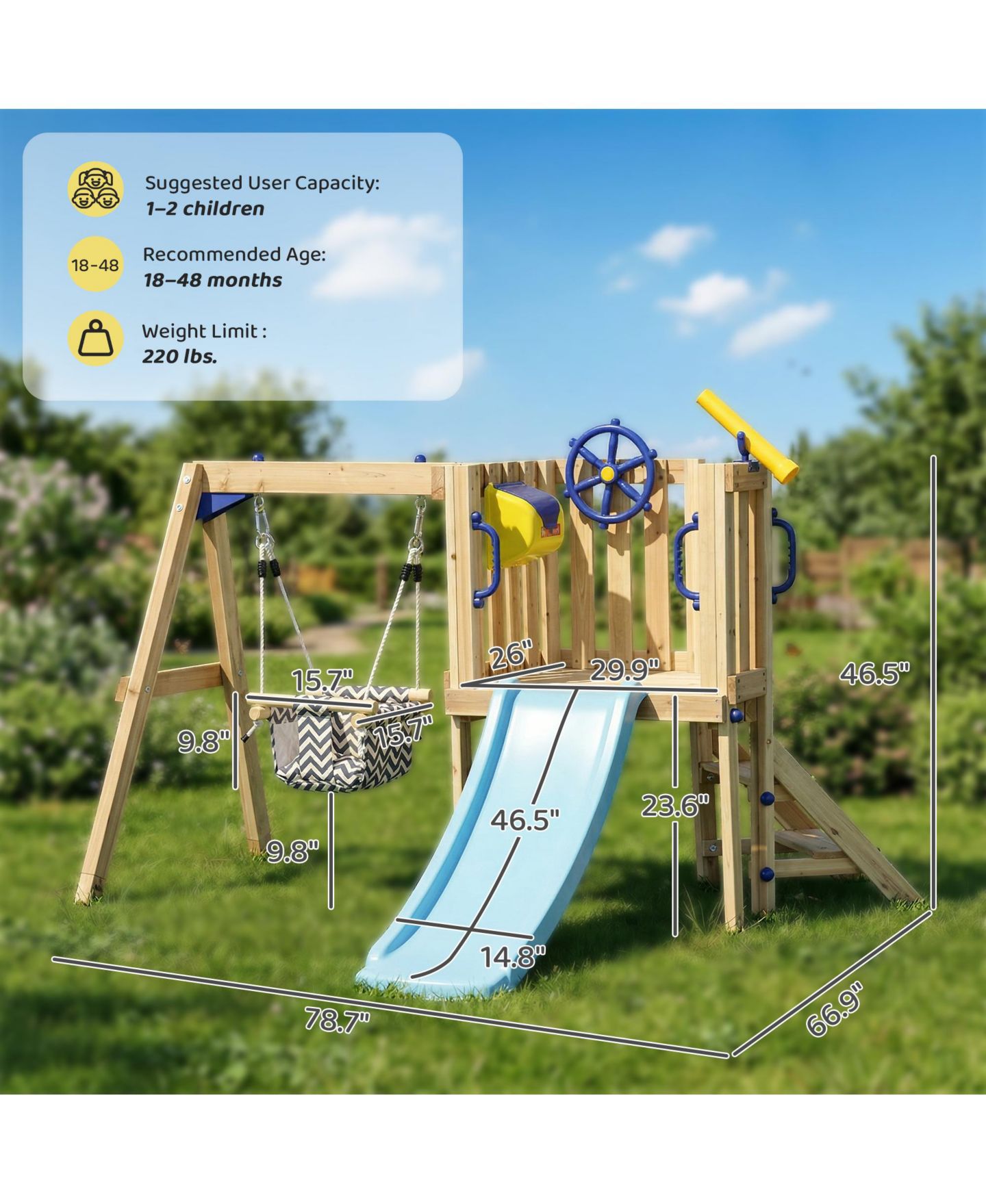 Детские игрушки Glintex Wooden Swing Set with Slide, Fort, Captain's Wheel and Telescope, 220 lbs, Ages 1.5-4, цвет: Натуральный — фото 2
