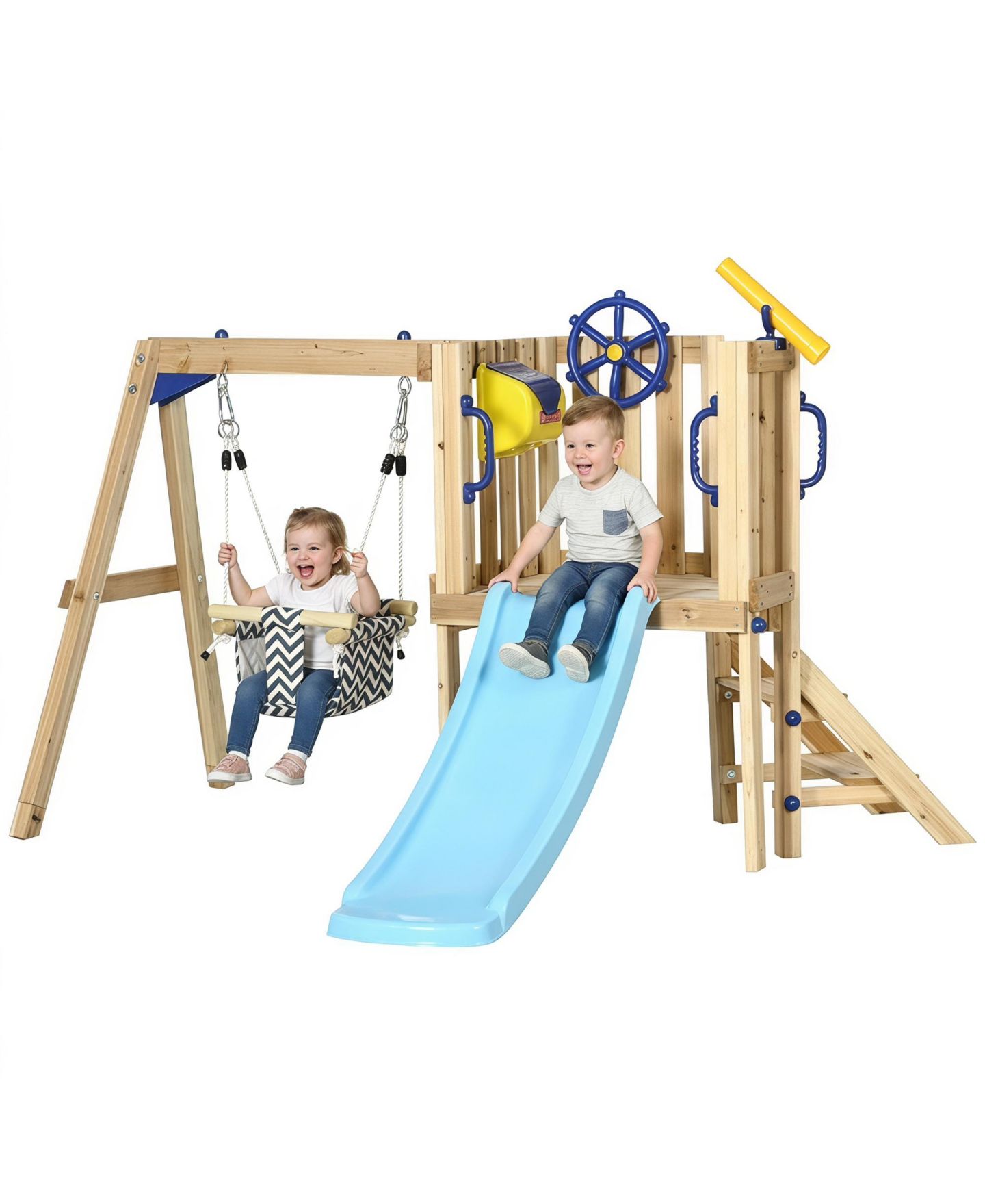 Детские игрушки Glintex Wooden Swing Set with Slide, Fort, Captain's Wheel and Telescope, 220 lbs, Ages 1.5-4, цвет: Натуральный — фото 10