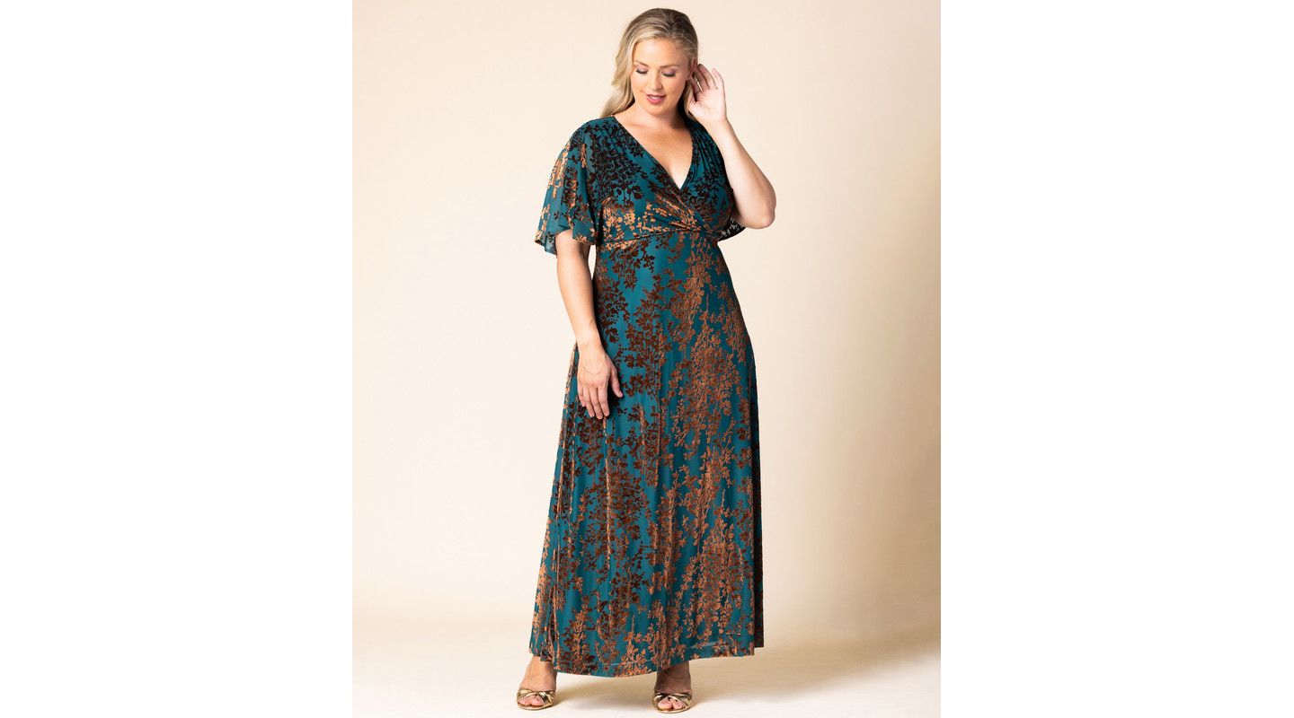 Женские платья Kiyonna Plus Size Twilight Velvet Surplice V-Neck Empire-Waist Gown, цвет: Бирюзовый — фото 4