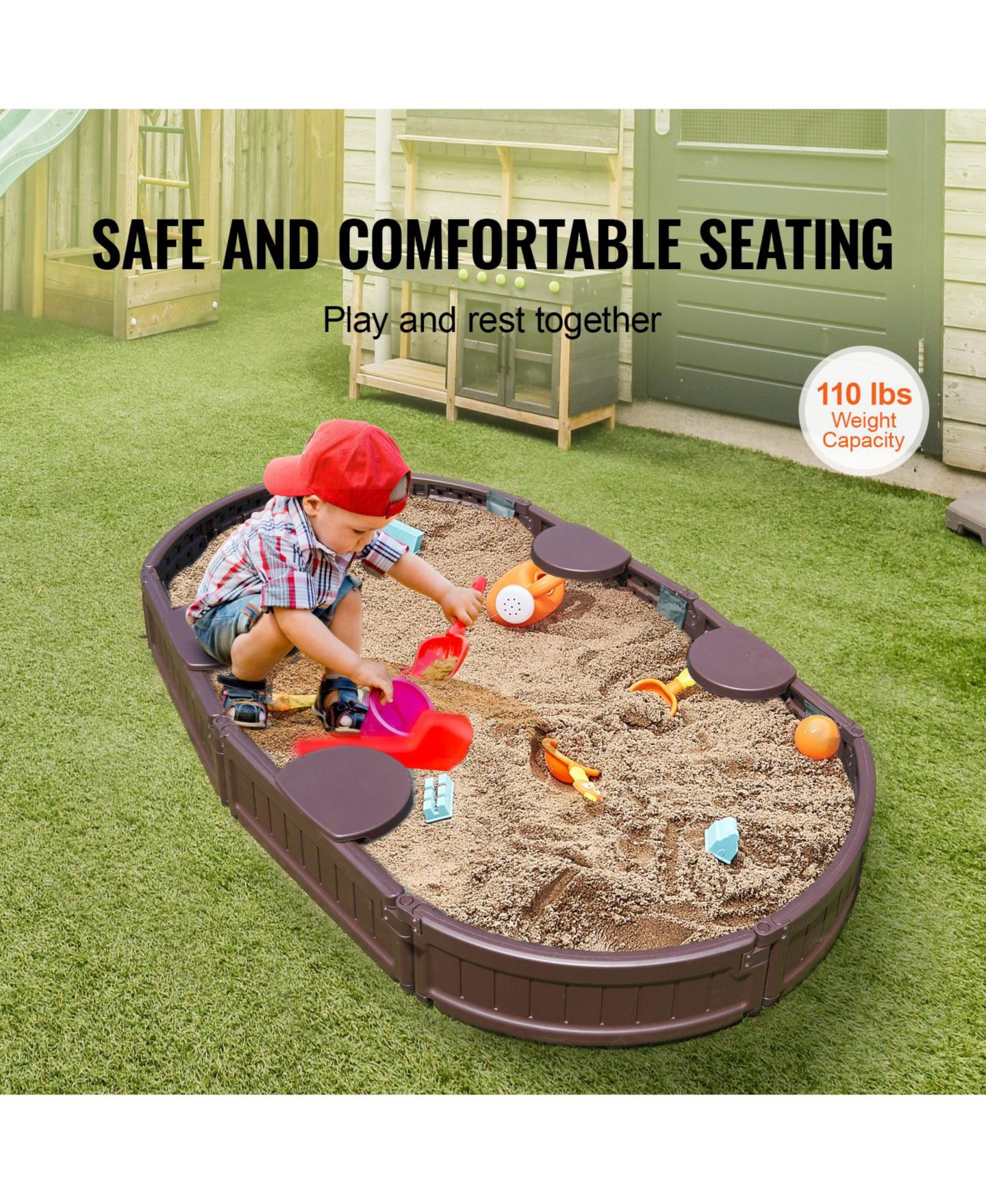 Детская игрушка Glintex 72 x 41.5 in Oval Kids Sandbox with 4 Corner Seats, Cover & Liner, Ages 3-12, цвет: Коричневый — фото 6
