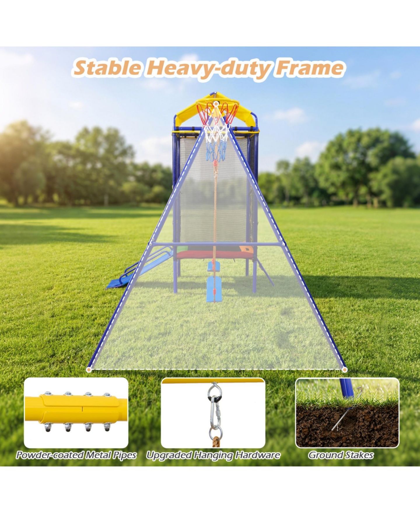 Детские игрушки Glintex 5-in-1 Backyard Playset with 40 in Trampoline, Slide, Swing Set, 330 lb Capacity, Ages 8+, цвет: Жёлтый — фото 5