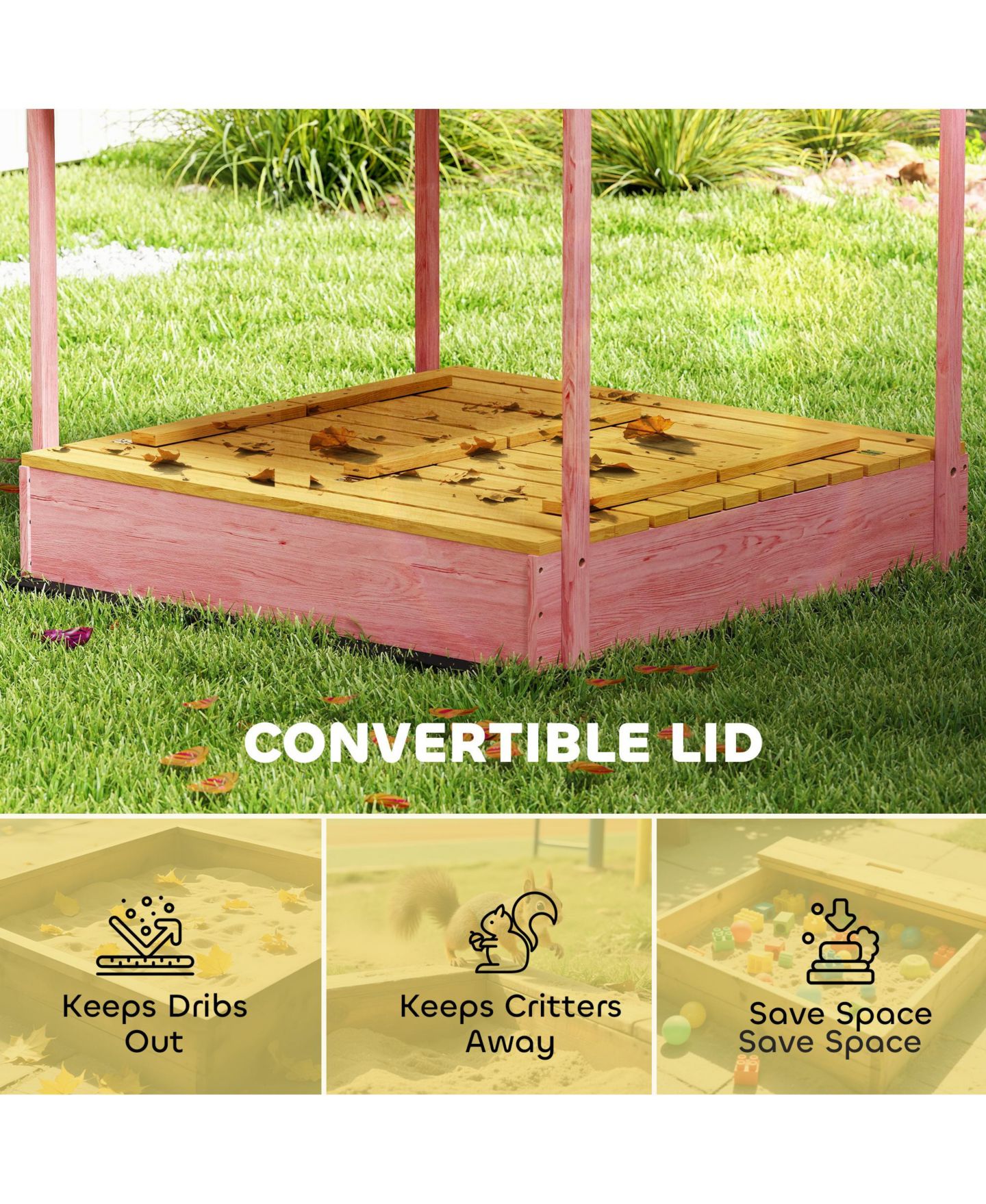 Детская игрушка Glintex Wooden Kids Sandbox with Flamingo Print Canopy and Fold-Down Bench Cover, 53"L x 50.2"W x 51.2"H, Ages 3-6, цвет: Розовый — фото 6