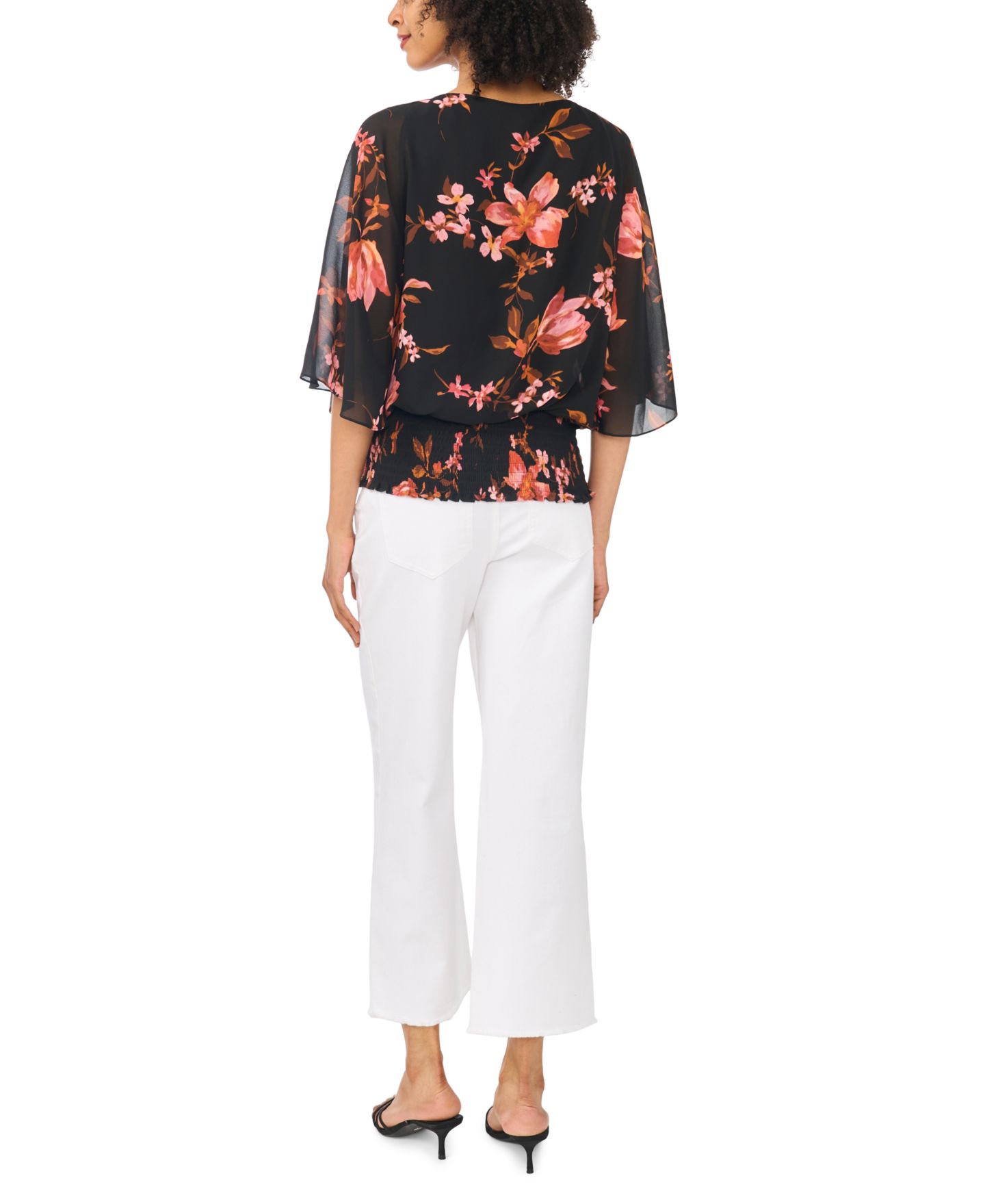 Женская блузка Sam & Jess Dolman Sleeve Floral-Print Smocked-Band, цвет: Насыщенный чёрный — фото 5