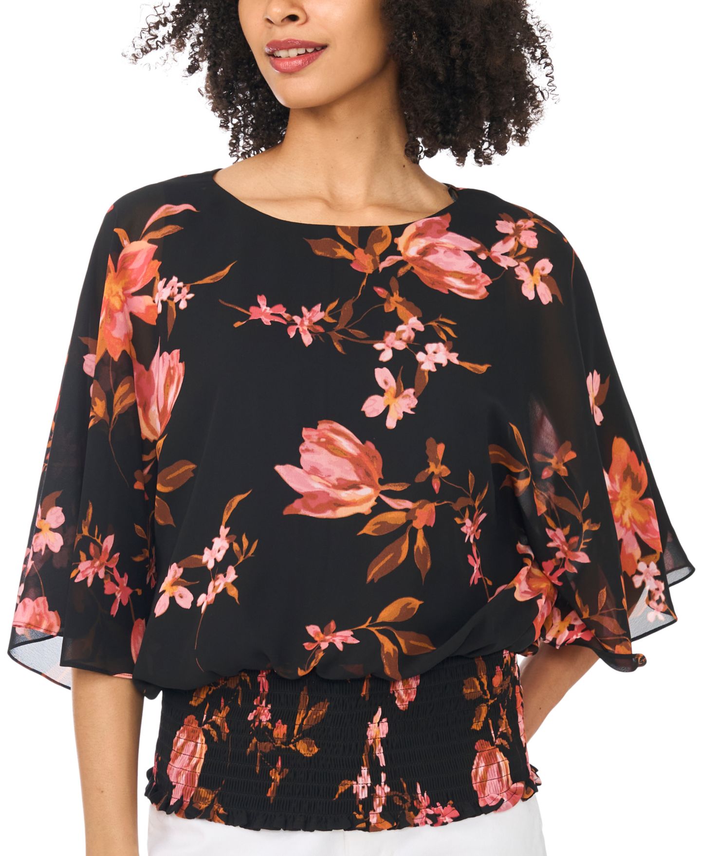 Женская блузка Sam & Jess Dolman Sleeve Floral-Print Smocked-Band, цвет: Насыщенный чёрный — фото 1