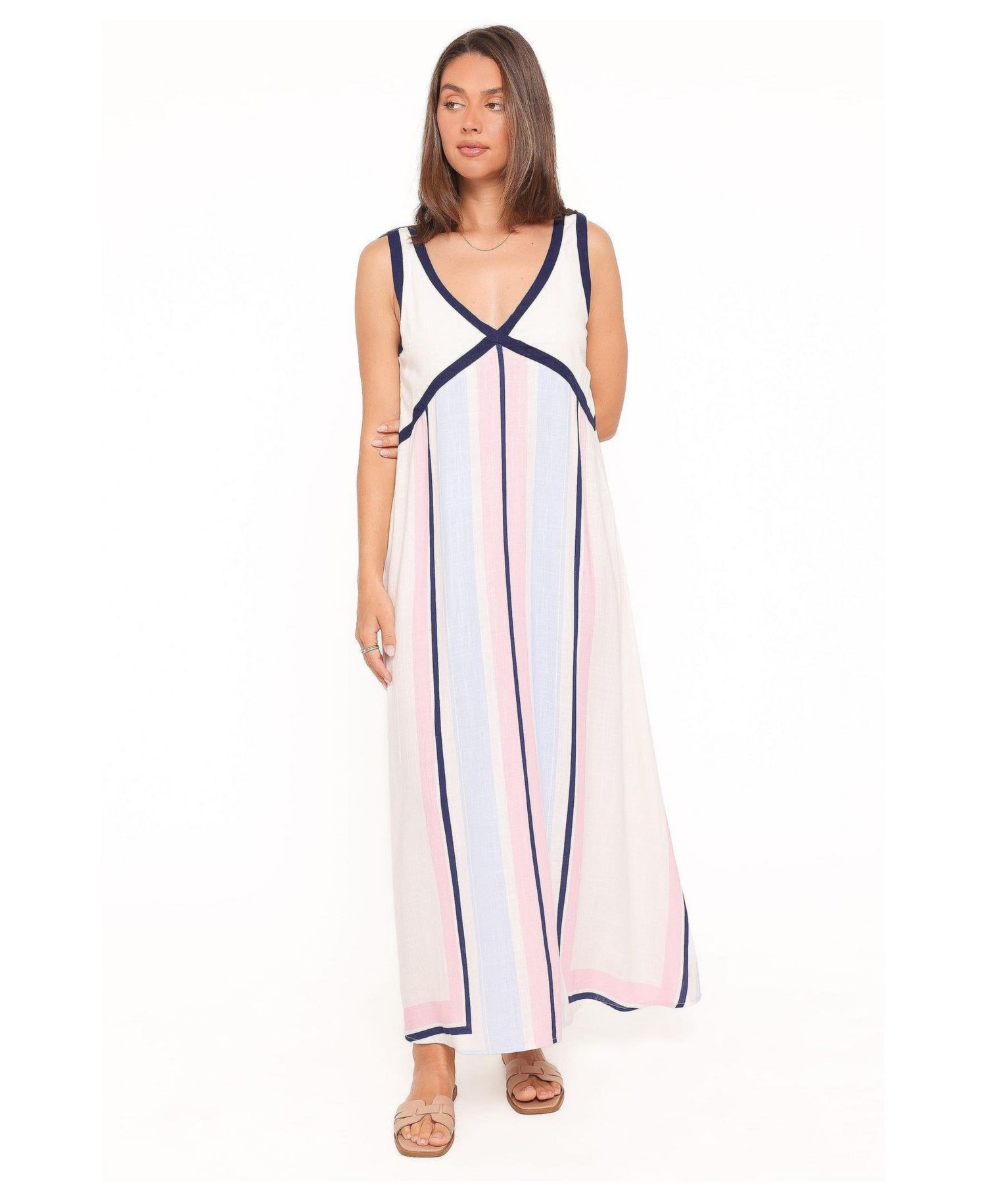 Women's Mackay Stripe Rayon-Linen Blend V-Neck A-Line Maxi Dress
